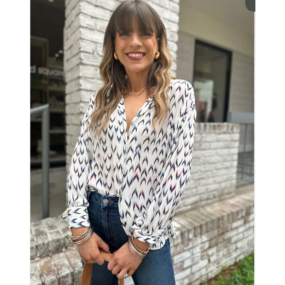 NWT FDJ Dolman Long Sleeve Crepe Aztec Print Viscose Button Shirt S Office Top